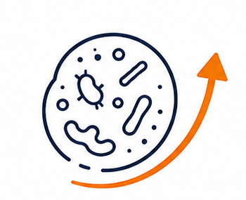 Microbio estilizado sobre un círculo con una flecha naranja hacia arriba que indica crecimiento o progreso.