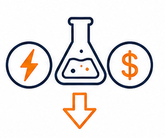 Iconos de energía naranja, matraz y dólar sobre una flecha hacia abajo sobre fondo blanco
