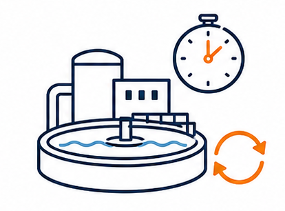 Icono de planta de tratamiento de agua con un reloj y flechas de actualización naranjas.