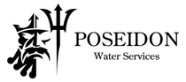 Logotipo de Poseidon Water Services con un tridente negro y un gr&aacute;fico de un rostro junto al nombre de la empresa.