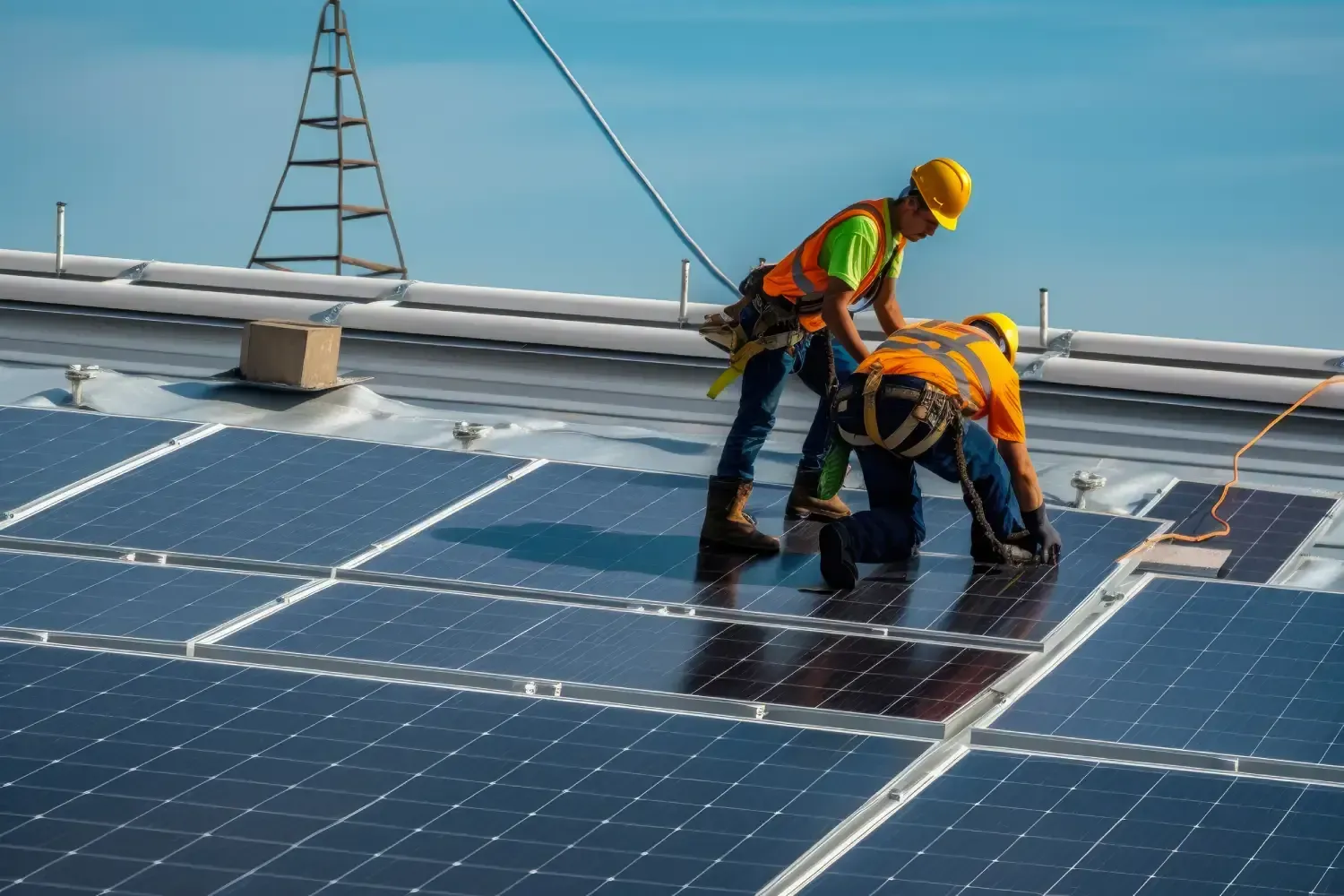 Trabajadores con arneses de seguridad instalando paneles solares en un tejado bajo un cielo azul.