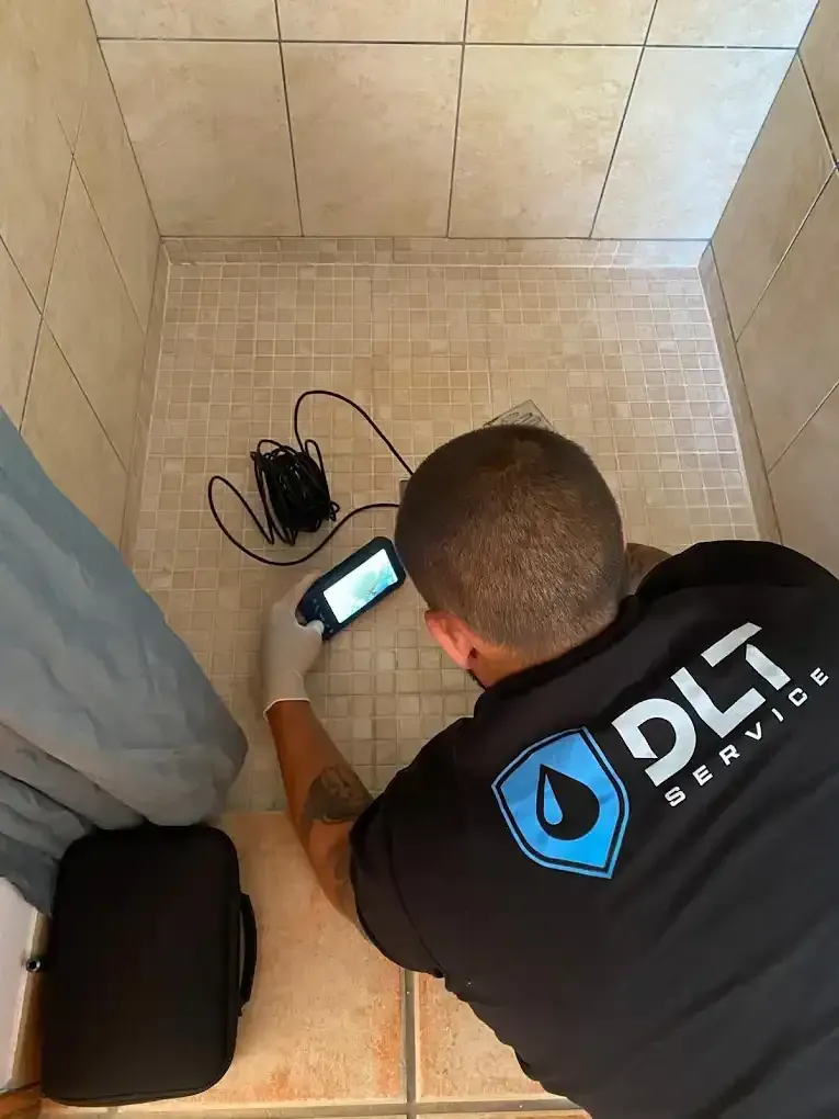 Una persona inspecciona los azulejos de la ducha con una cámara y guantes. Cerca hay un maletín negro y equipo.