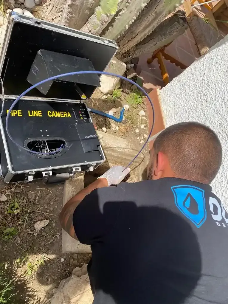 Un hombre usa una cámara para inspeccionar un desagüe. La cámara está instalada cerca de una pared blanca.