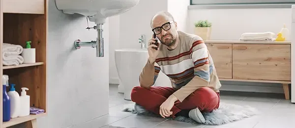 Mann im Badezimmer. Er sitzt mit einem Telefon auf dem Boden und sieht besorgt aus. Waschbecken und Leitungen sind sichtbar.