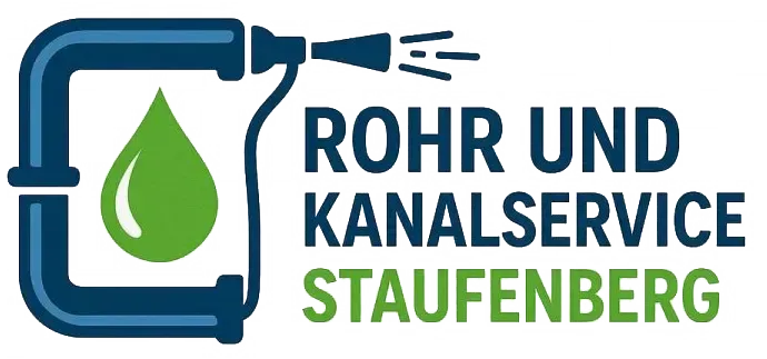Das Logo für Klempnerdienste zeigt ein Rohr mit einem Wassertropfen darin und den Text „ROHR UND KANALSERVICE STAUFENBERG“.
