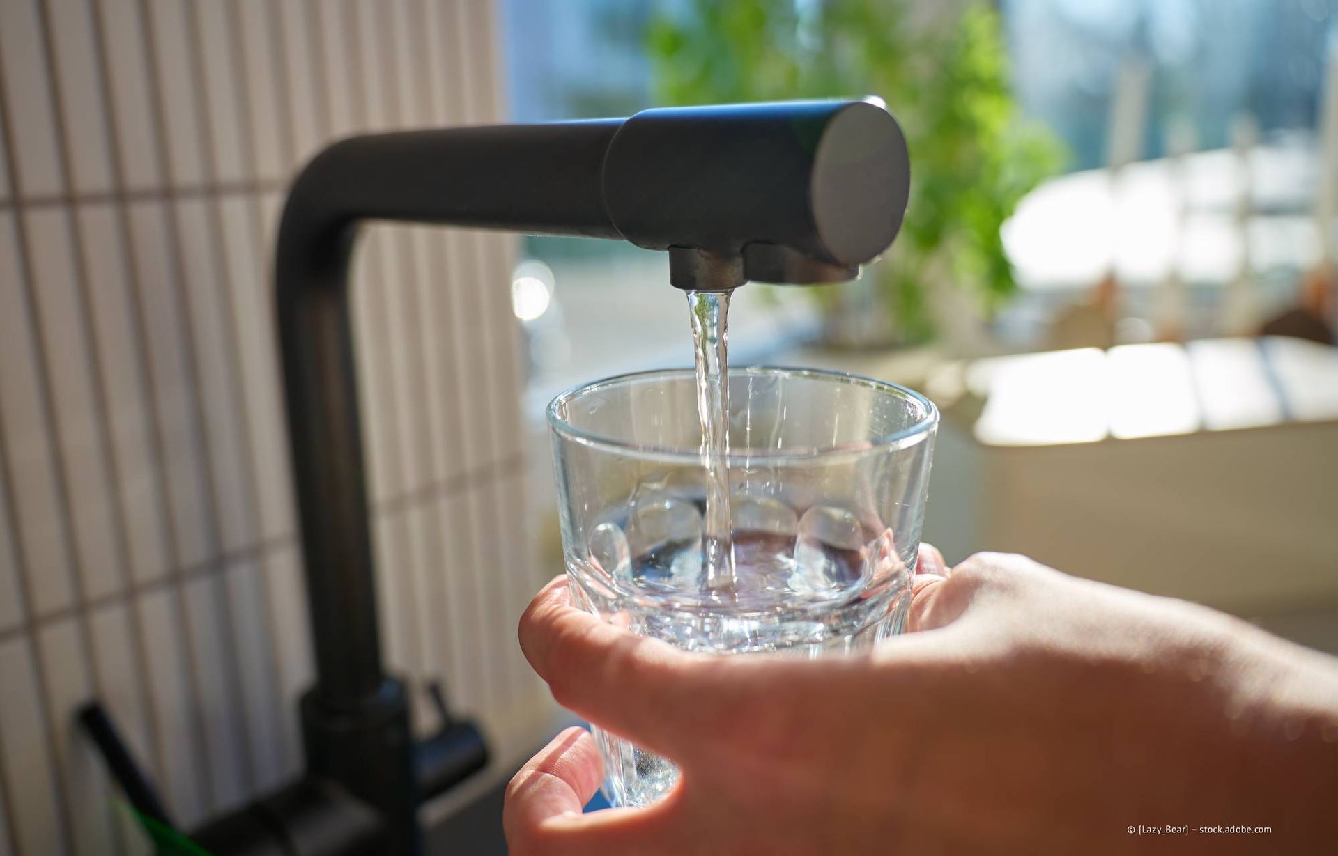 Eine Hand hält ein Glas, das in einer Küche an einem schwarzen Wasserhahn mit Wasser gefüllt wird.