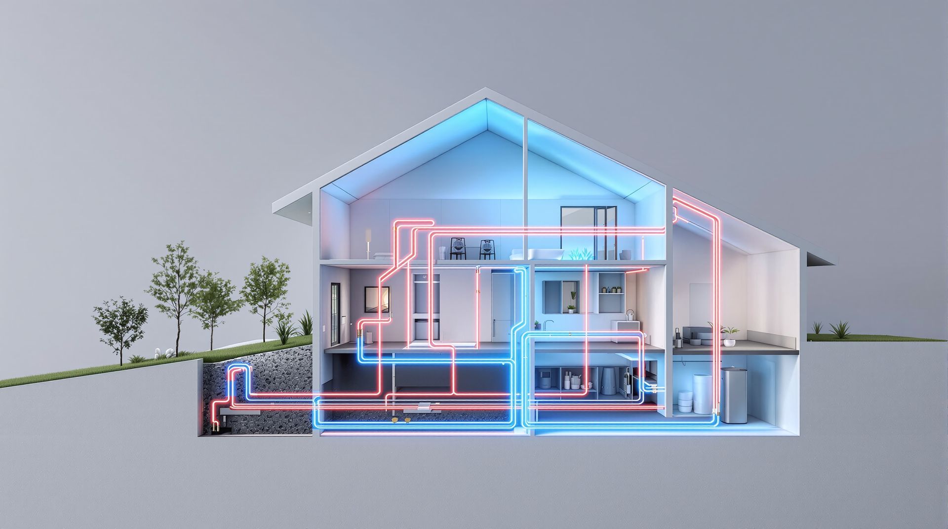 Coupe transversale d'une maison moderne montrant les systèmes de CVC.