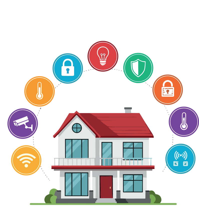 Maison intelligente illustrée avec des icônes de sécurité, de chauffage et de climatisation.