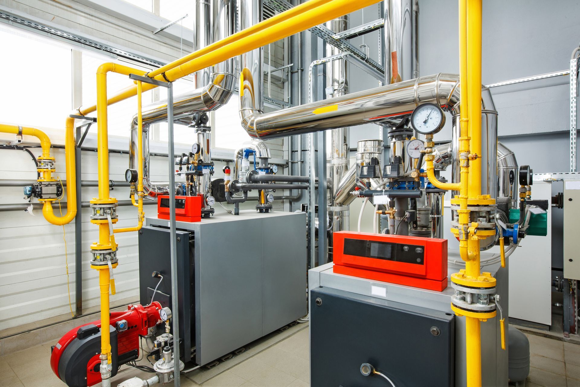 Installation industrielle avec tuyauterie jaune, manomètres et machines grises.