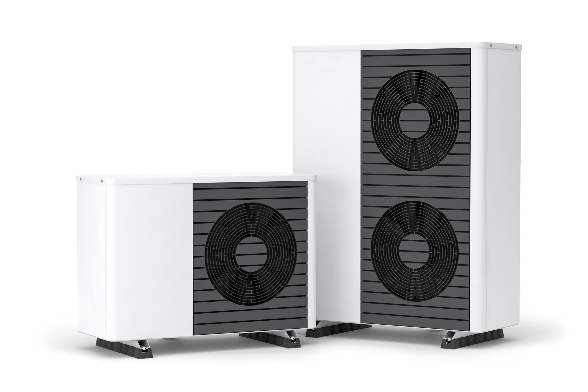 Deux unités de climatisation extérieures blanches et noires avec de grands ventilateurs