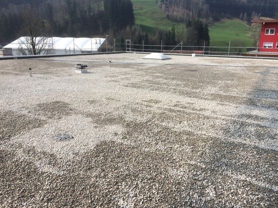 Flaches Dach mit einer niedrigen Entlüftung vor klarem Himmel.