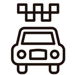 Un icono en blanco y negro de un taxi sobre un fondo blanco.