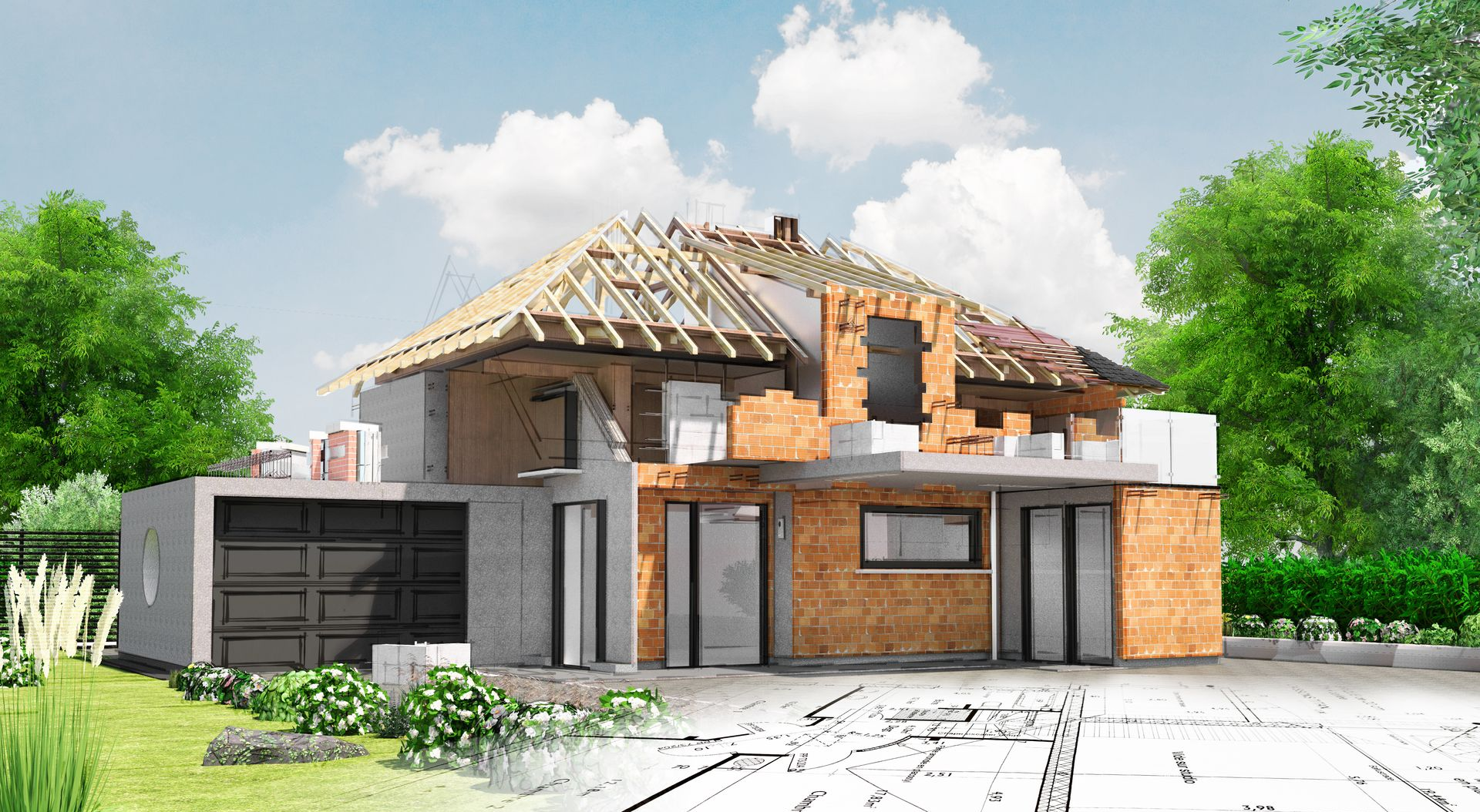 Maison moderne en construction avec charpente apparente, façade en briques grises, entourée d'arbres et de ciel.