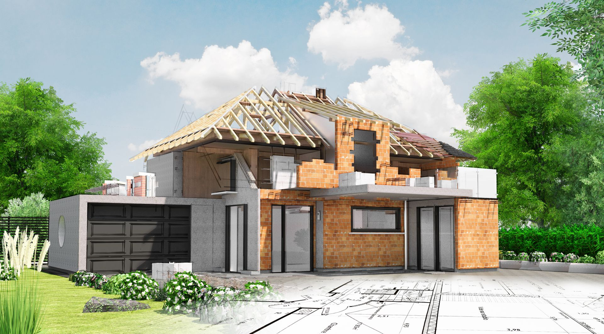 Maison moderne en construction avec charpente apparente, murs en briques et allée devant la maison.
