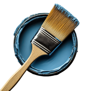 Pinceau dans un pot de peinture bleu.