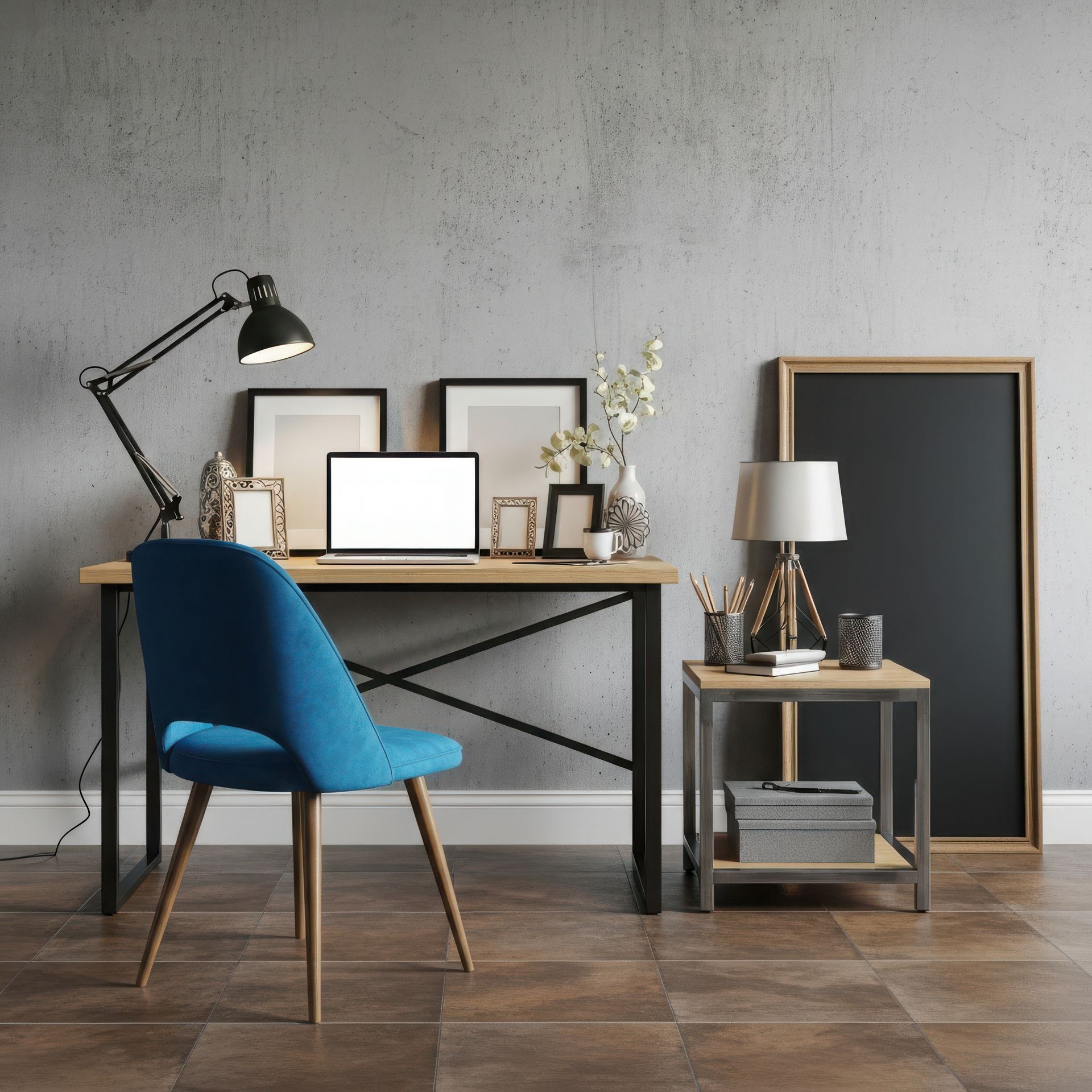 Bureau avec ordinateur portable, chaise, lampe et objets encadrés contre un mur en béton.