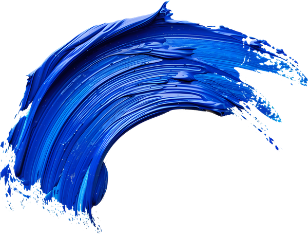 Trait de peinture bleu, courbé, texturé, sur fond blanc.