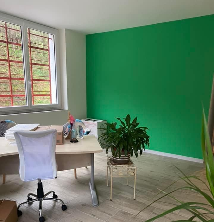 Bureau avec mur d'accent vert, bureau, chaise, fenêtre et plante sur un support.