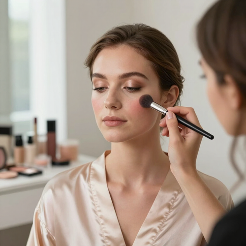 Maquilladora aplicando colorete a una mujer sentada en un estudio de belleza con iluminación tenue.