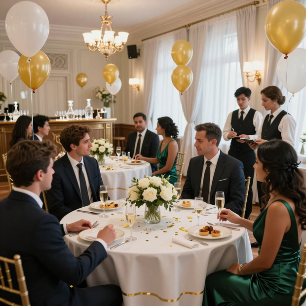 Elegante cena de gala con invitados en mesas redondas, globos dorados, candelabros y centros de mesa florales blancos.