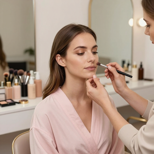 Maquilladora aplicando maquillaje de labios a una mujer con bata rosa en un salón de belleza.