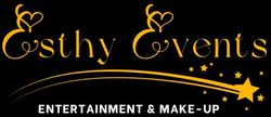 Logotipo dorado de “Esthy Events” sobre fondo negro con corazones, estrellas y el lema “Entretenimiento y Maquillaje”.