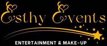 Logotipo dorado de “Esthy Events” sobre fondo negro con corazones, estrellas y el lema “Entretenimiento y Maquillaje”.