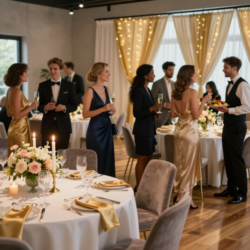 Los invitados socializan en una recepción nupcial a la luz de las velas, con mesas redondas, centros de mesa florales y cortinas iluminadas con guirnaldas de luces.