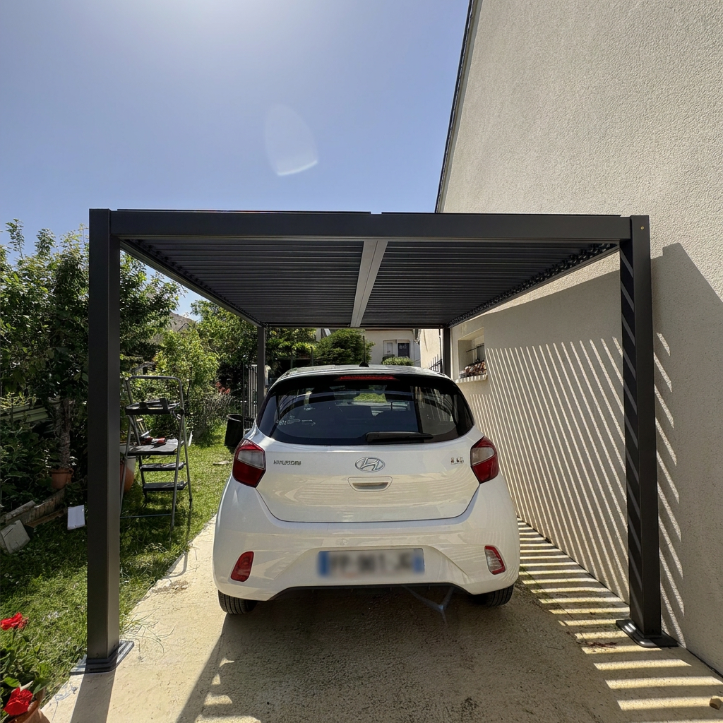 Voiture blanche garée sous un carport attenant à une maison et à un jardin