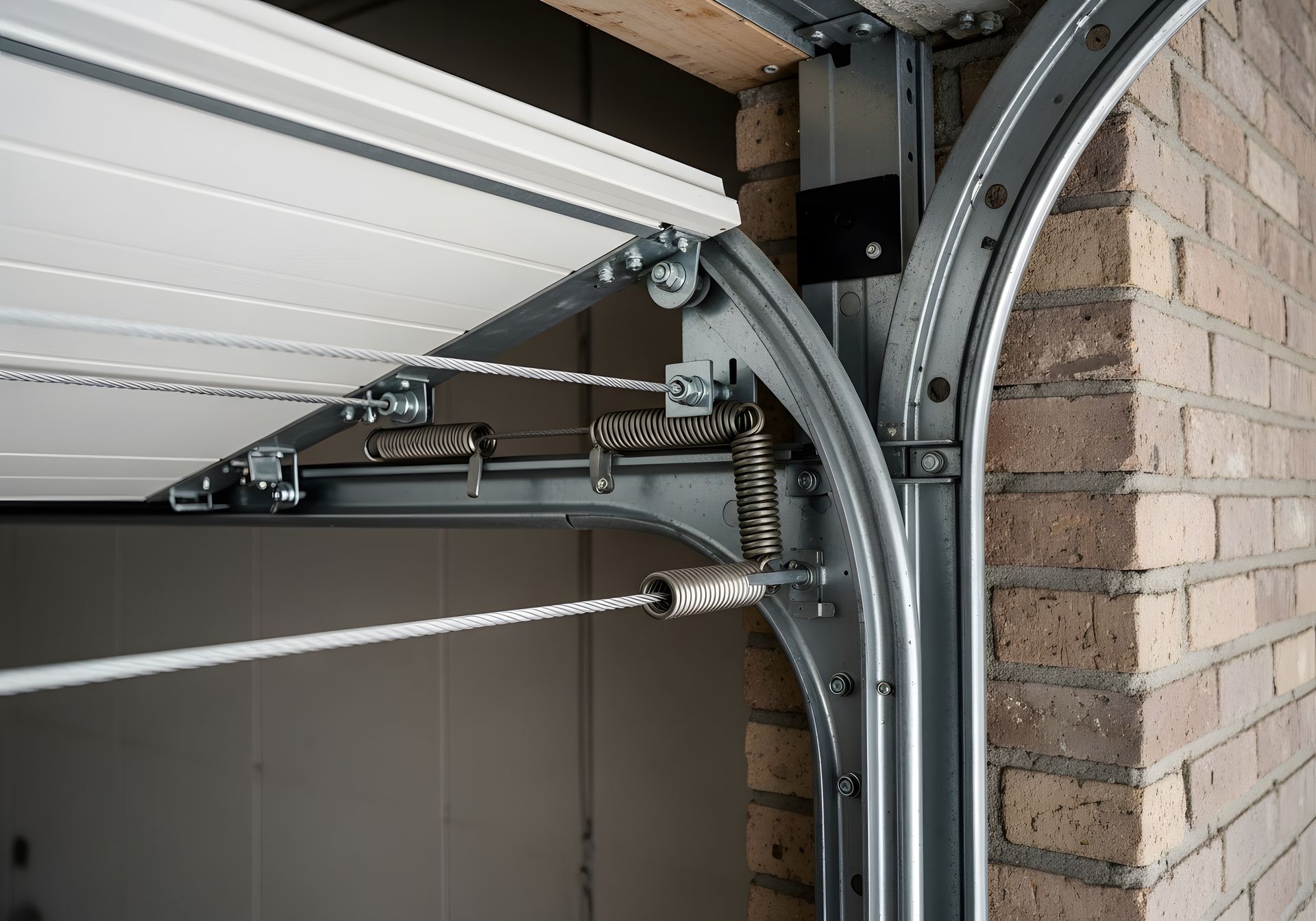 Rail et mécanisme à ressort de porte de garage à côté d'un mur de briques