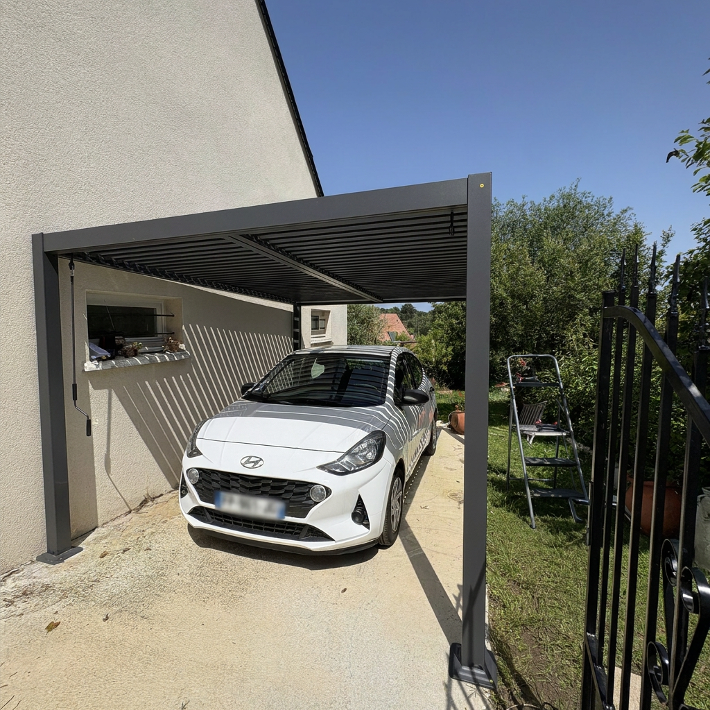 Voiture blanche garée sous un abri gris à côté d'une maison, avec un ciel bleu ensoleillé
