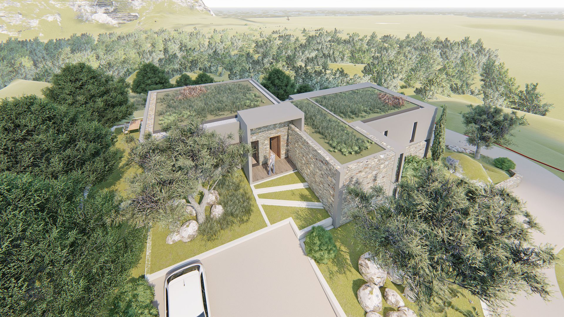 Maison moderne en 3D avec toit végétalisé, façade en pierre et voiture dans l'allée, située dans un paysage boisé.