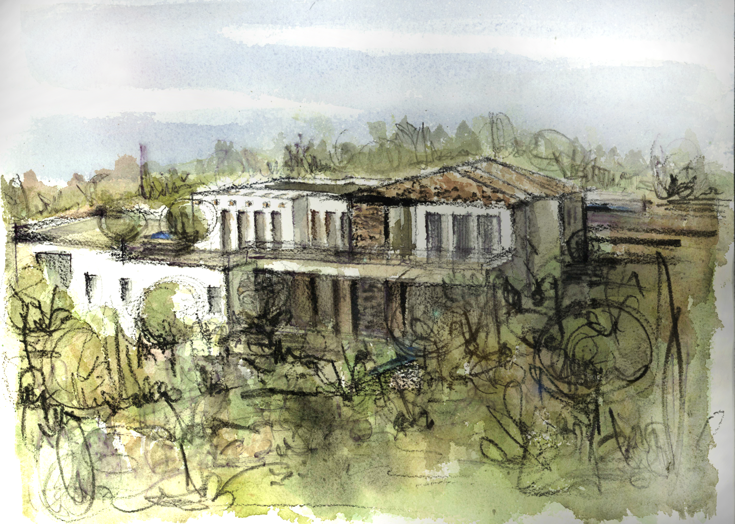 Peinture à l'aquarelle d'un bâtiment blanc avec des colonnes et un toit de tuiles, entouré d'arbres, sous un ciel nuageux.