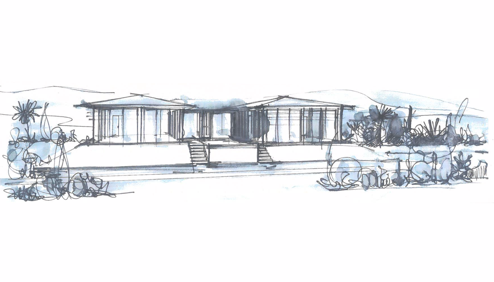 Bâtiment moderne et blanc avec des accents sombres, de petits arbres et des voitures garées sous un ciel bleu.