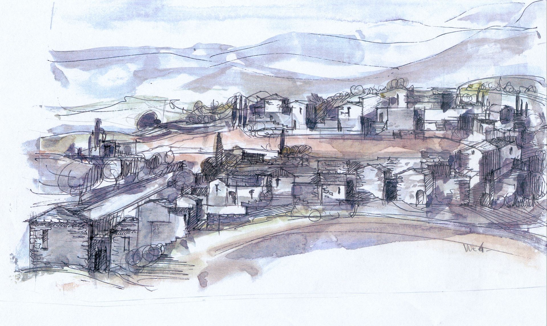 Croquis à l'aquarelle d'une ville nichée dans une vallée, avec des bâtiments, des arbres et des montagnes en arrière-plan.