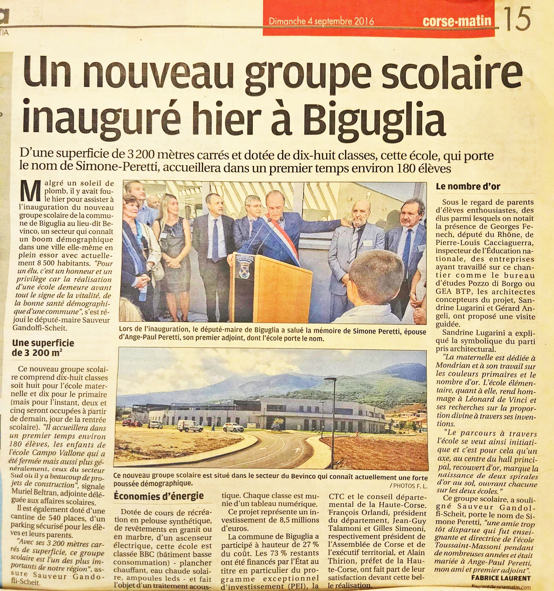 Article de journal : Cérémonie d'inauguration à la nouvelle école de Biguglia, en Corse.