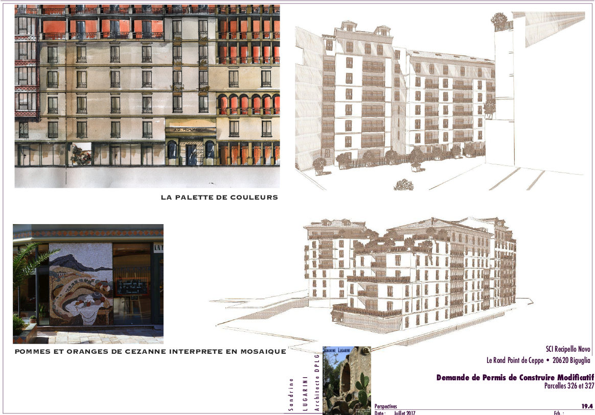 Représentations architecturales et photos de la façade d'un bâtiment, illustrant différentes perspectives de conception.