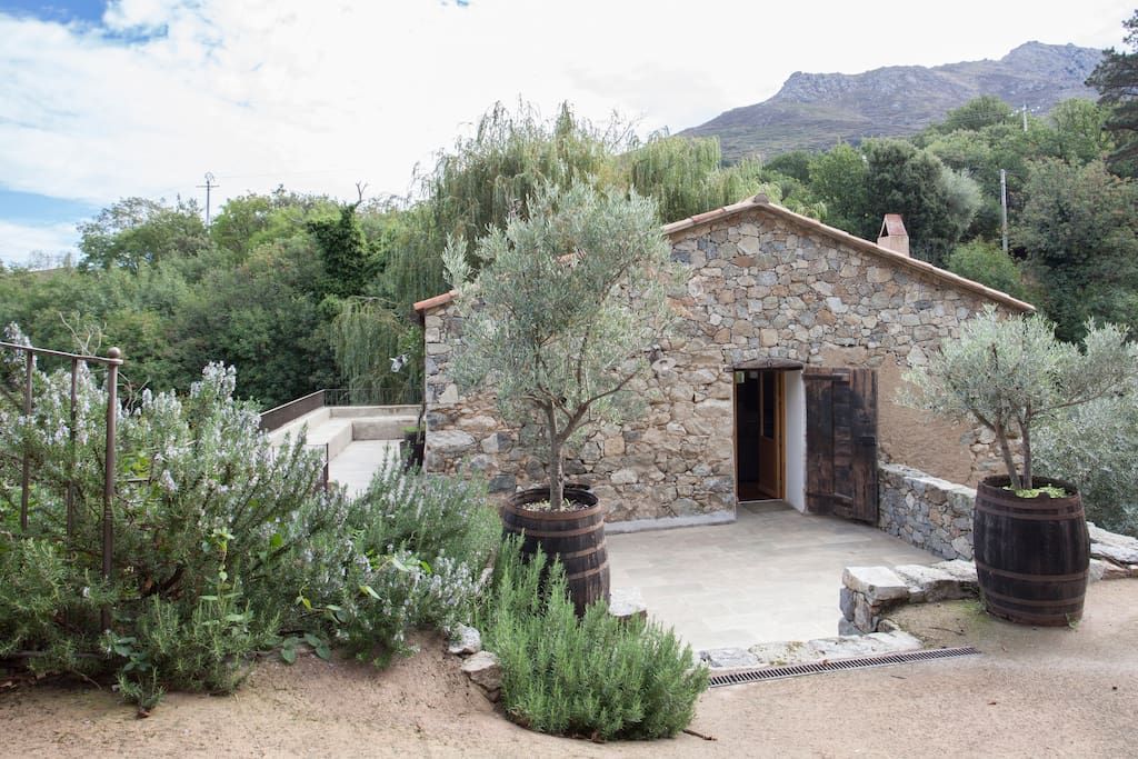 Bâtiment en pierre avec portes en bois ouvertes, oliviers en fûts et arrière-plan montagneux.