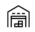 Un icono de almacén en blanco y negro sobre un fondo blanco.