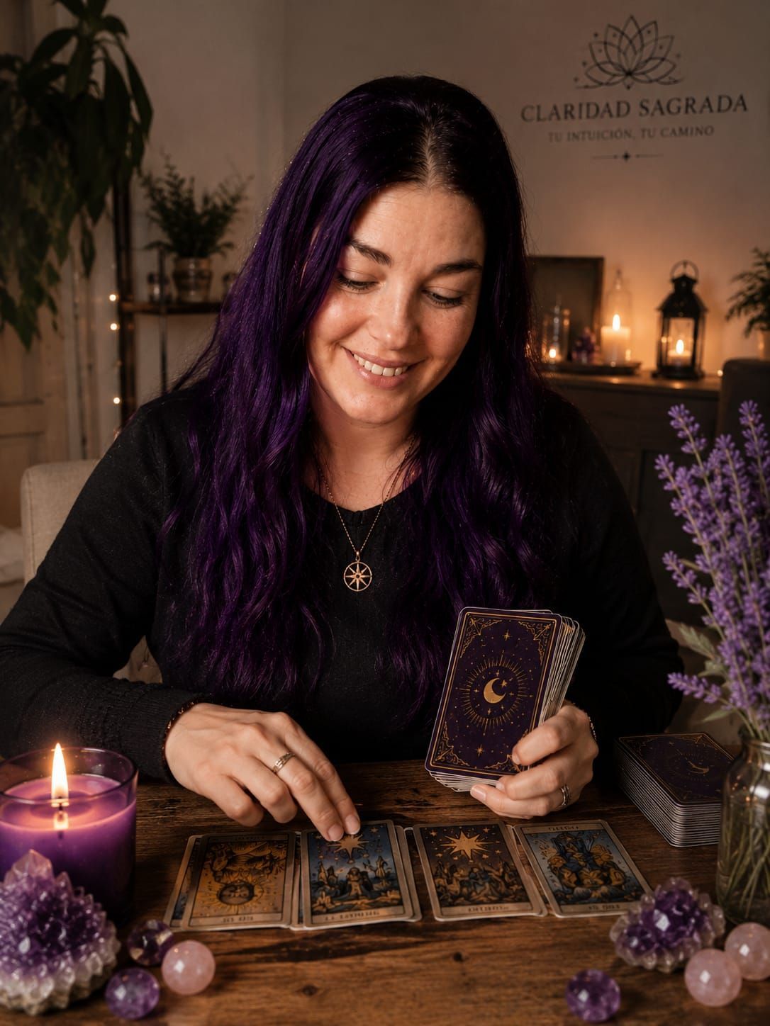 Una mujer sonríe mientras lee las cartas del tarot en una mesa iluminada con velas, decorada con cristales morados 