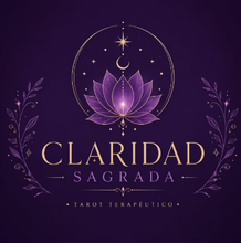 Logo with purple lotus, moon and stars, reading “CLARIDAD SAGRADA” and “TAROT TERAPÉUTICO”