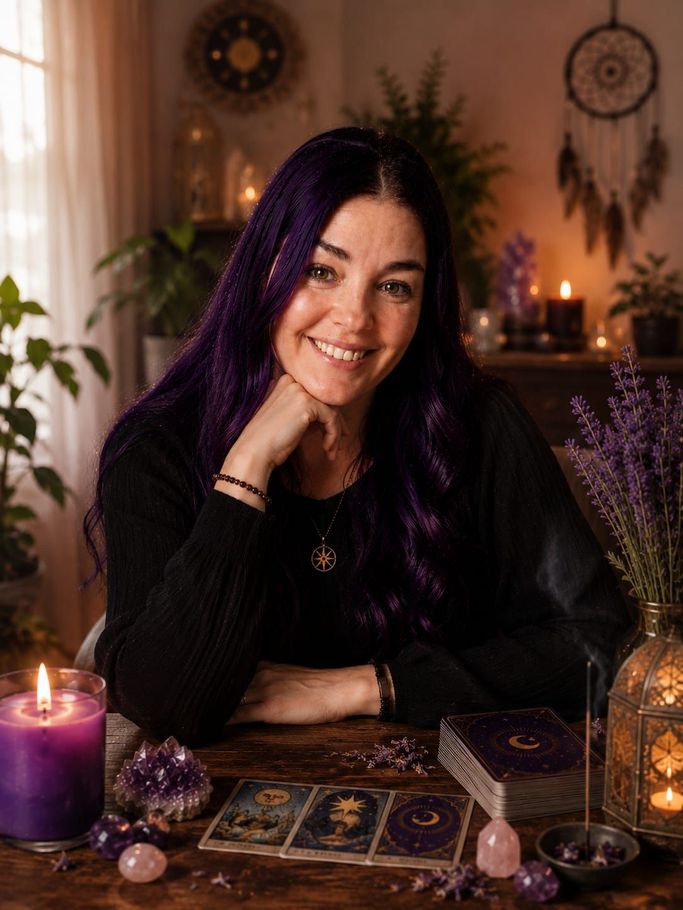 Una mujer sonríe en una mesa de lectura de tarot con velas, cristales y flores moradas en una habitación acogedora