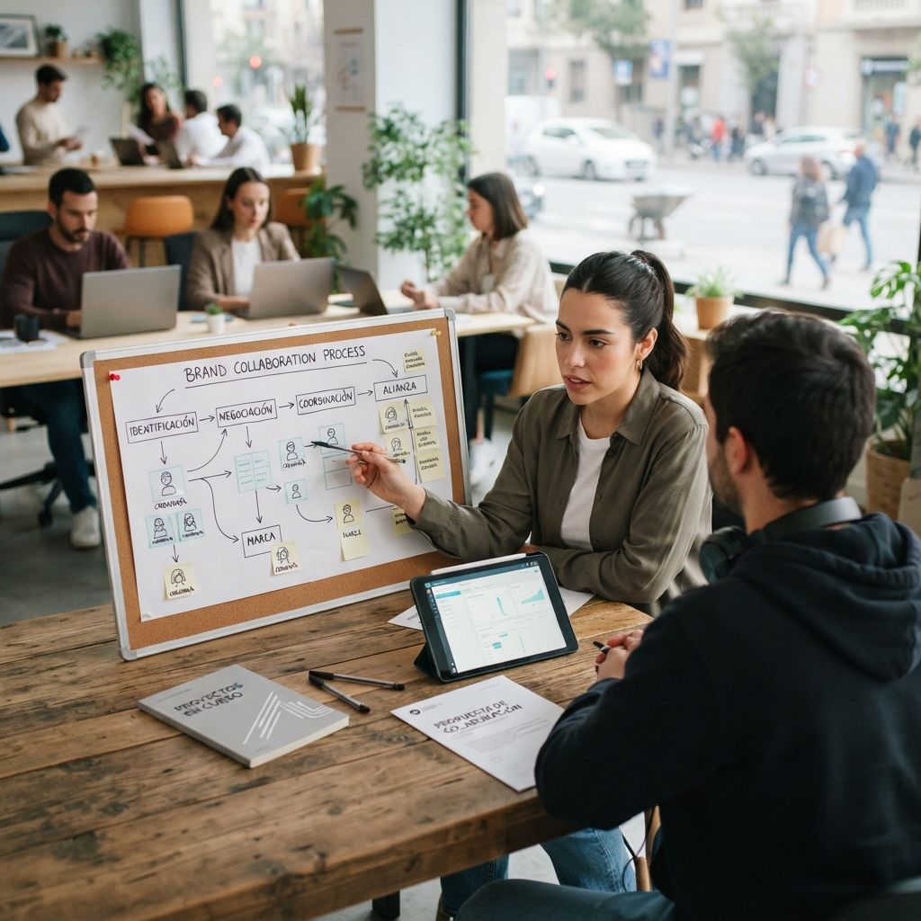 Identificación, negociación y coordinación de oportunidades de colaboración entre creadores de contenido representados y marcas comerciales que buscan asociarse con talentos cuyo estilo y audiencia resulten compatibles.