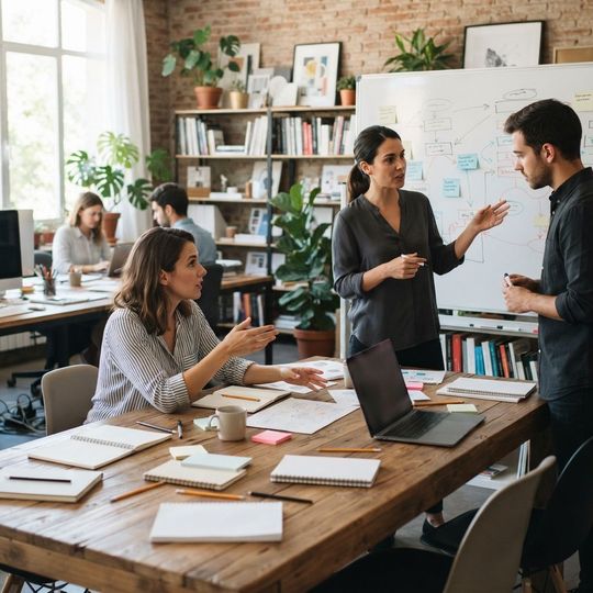 Profesionales colaborando en torno a una mesa de trabajo con dispositivos y mate