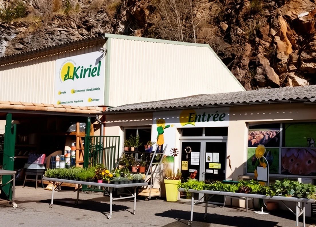 Devanture du Kiriel avec des tables en plein air et des plantes en pot, au pied d’une colline rocheuse