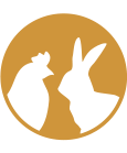 Silhouettes blanches de chat et de lapin dans un logo circulaire doré