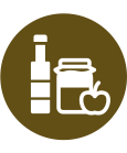 Flacon de complément alimentaire blanc, pot et icône de pomme sur un fond circulaire marron.