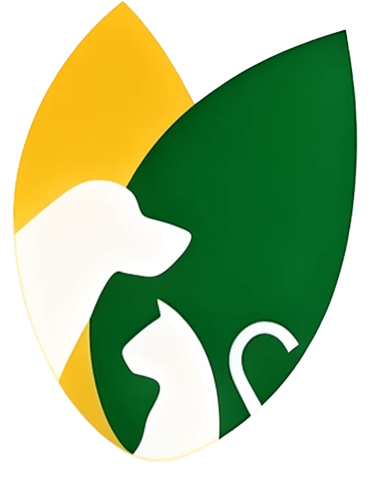 Logo vert et jaune avec les silhouettes blanches d’un chien et d’un chat nichées dans une forme de feuille