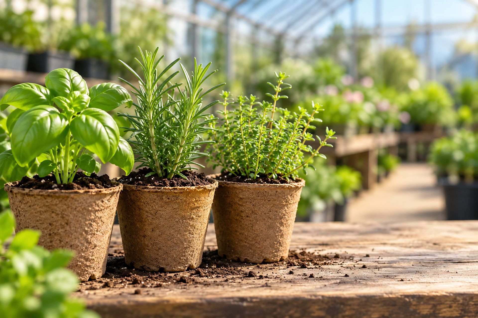 Des herbes aromatiques en pot sur une table en bois dans une serre ensoleillée