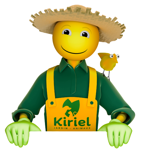 Mascotte jaune souriante, coiffée d’un chapeau de paille et vêtue d’une salopette verte, avec un petit oiseau sur l’épaule